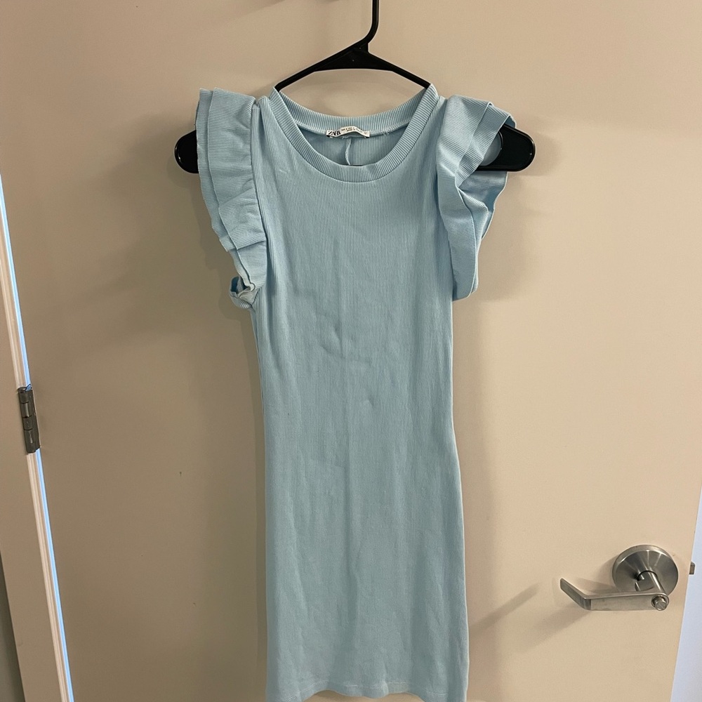 Light Blue Ruffle Sleeve Dress